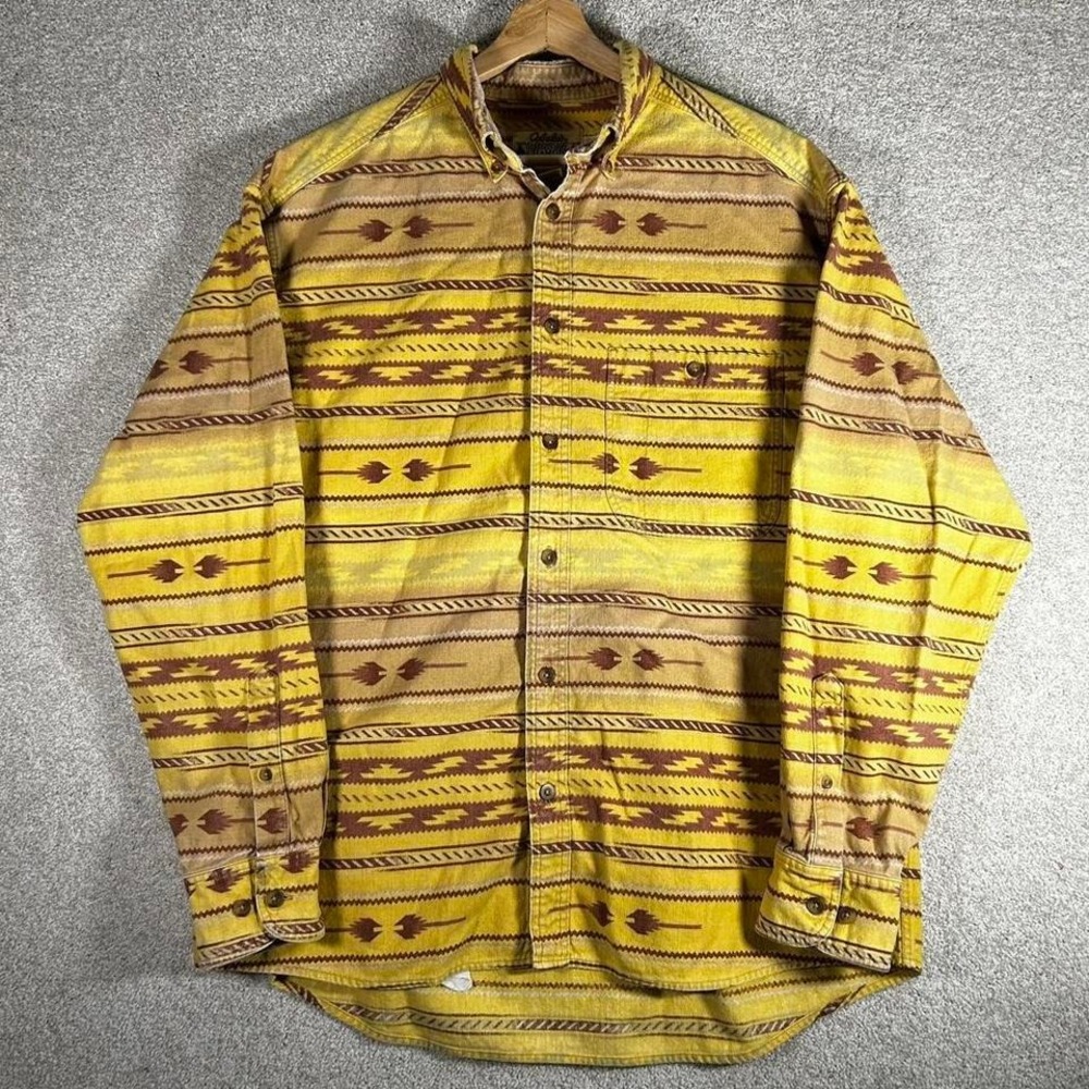 Vintage men's Cabela's yellow thick Aztec print long sleeve flannel style shirt